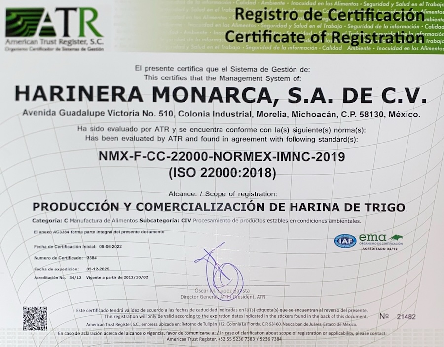 Certificado ISO 22000 Harinera Monarca
